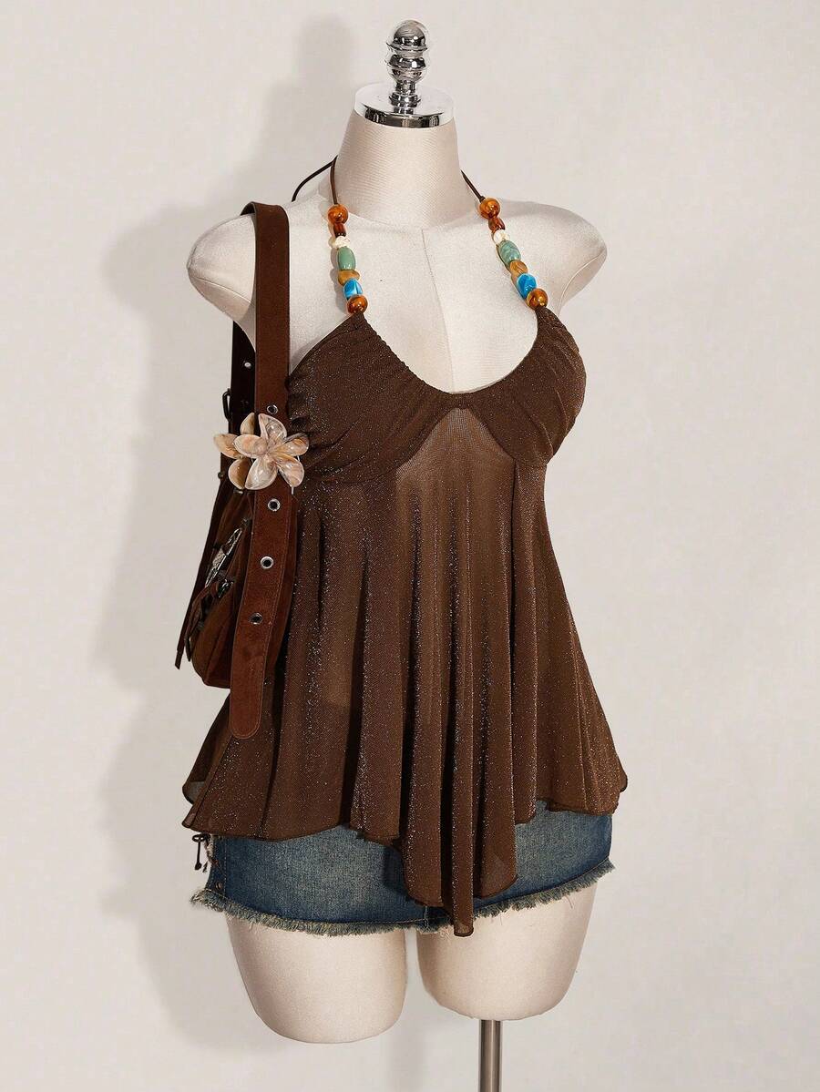 SHEIN ICON Top brillante con cuello de halter y espalda descubierta para vacaciones - Marrón - Ver 1