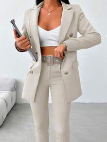 EURMUSE Women's Blazer And Pants Set, Fashionable For Summer - Beige - View 1