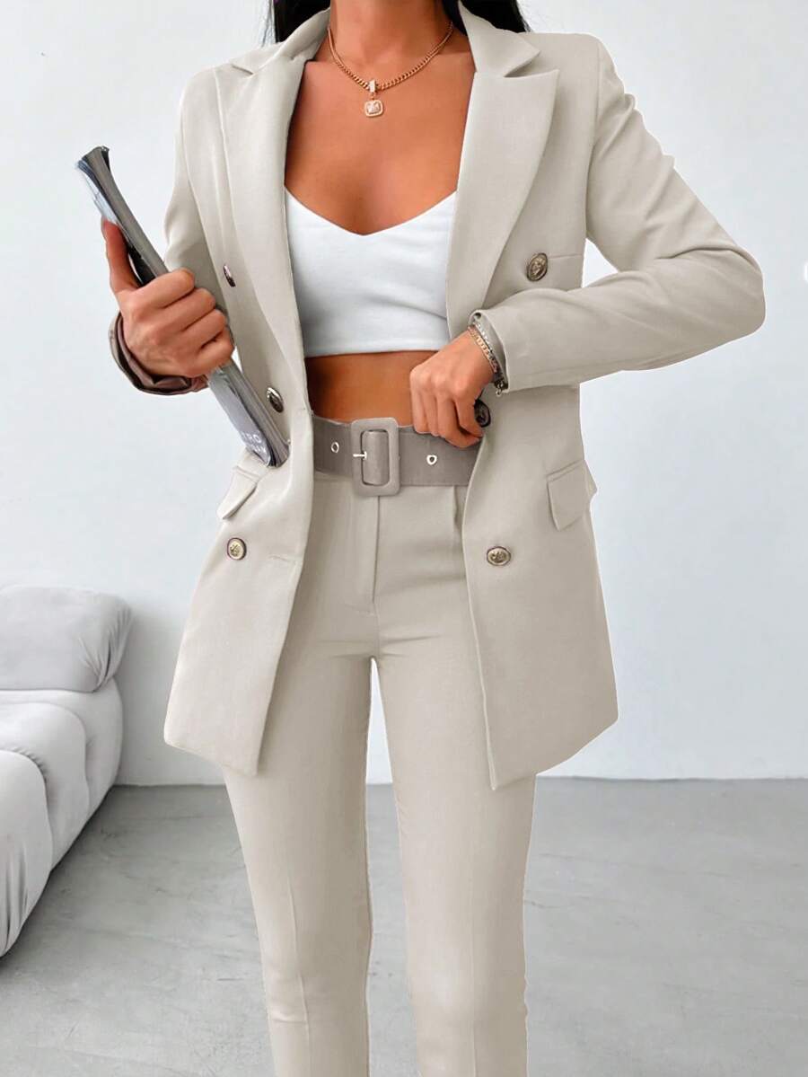 EURMUSE Women's Blazer And Pants Set, Fashionable For Summer - Beige - View 1