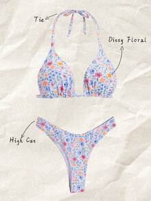 Swim Mod Women's Random Print Halter High Cut Bikini Set, Spring/Summer - Multicolor - View 3