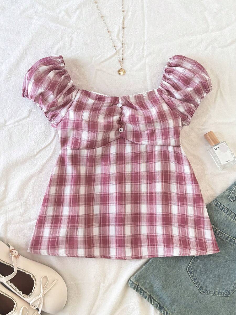 SHEIN 女童休閒修身短袖短版領口上衣 - 紅白色 - 查看 1