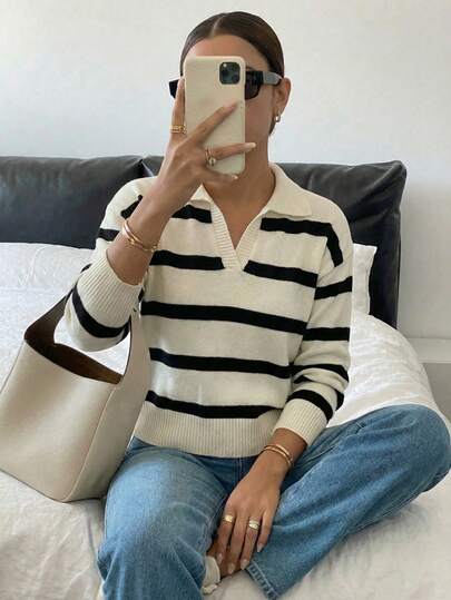 Nuevo suéter de punto de manga larga con cuello polo de media cremallera y contraste de color a rayas, estilo retro, para la primavera/verano, para mujer, con un estilo suelto y vintage, ideal para la temporada de graduación, nueva ropa de mujer para Año Nuevo