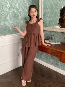DAZY Tween Girl Solid Color Ruffle Hem Blouse And Pants Set - Brown - View 5