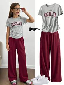 Teenage Girls' Casual Graduation Back-To-School Summer Set,Pleated Waist Short Sleeve Letter T-Shirt & Loose Wide Leg Sweatpants Sports Daily Wear - Multicolor - View 2