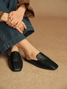 Rosivie Zapatos planos de mujer con punta cuadrada y fácil de poner, de estilo tejido y versátil - Negro - Ver 1