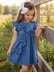 Young Girl Blue Fashionable Sleeveless Round Neck 5-Petal 3D Flower Collar Droplet Dress - Blue - View 8