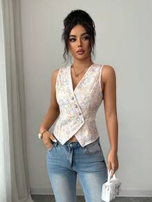 SHEIN Elenzya Camiseta sin mangas de cuello en V para mujer, primavera/verano - Multicolor - Ver 6