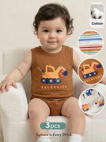 Cozy Pixies 3pcs/Set Baby Boy/Girl Cute Cartoon & Striped Pattern Knitted Rompers, Summer - Multicolor - View 1