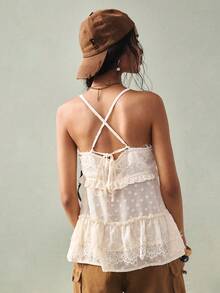 SoleilVie Women's Lace Trim Jacquard Fabric Tie Front Elegant Romantic Blouse - Apricot - View 3