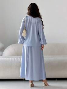 Mulvari 女士蕾丝边系领灯笼袖上衣和半裙休闲两件套 - 藍色 - 查看 2