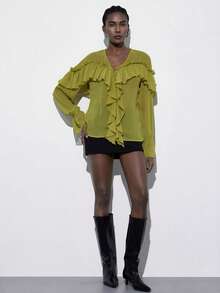 Aveloria Modichic 薄荷绿雪纺荷叶边下摆女士衬衫，V领设计，层叠褶皱波浪元素，法式复古浪漫优雅办公室长袖衬衫 - 綠色 - 查看 6