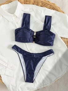 Swim Chiccia Ensemble de maillot de bain élégant et digne de la dernière mode pour femmes, avec décoration métallique, pantalon minimaliste sexy à larges bretelles ajourées, convenant pour les vacances à la plage au printemps, en été et en automne. Ensemble de maillot de bain deux pièces pour femmes, bikinis deux pièces pour femmes - Bleu marine - Voir 6