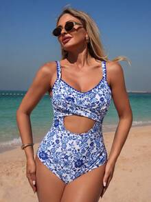 Swim Lushoire Women's Random Print Crisscross Hollow Out Shell Crochet Trim One-Piece Swimsuit, Spring/Summer - Multicolor - View 1