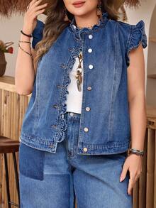 EMERY ROSE Plus Size Women Casual Loose Comfortable Mid-Blue Denim Sleeveless Jacket - Medium Wash - View 6