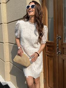 Solivie 优雅蕾丝A字连衣裙，适合各种身材，情人节礼服，红色连衣裙，高贵典雅 - 白色 - 查看 3