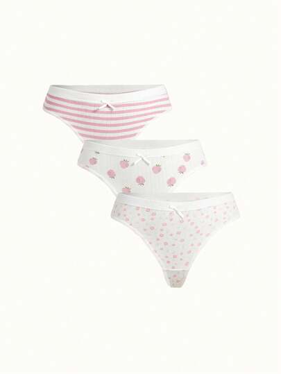 3pcs Cute Bow Thongs For Women - Comfy & Stretchy, Strawberry & Ditsy Floral Prints,Low Rise, Soft Viscose Blend, Fashionable Lingerie, Panties