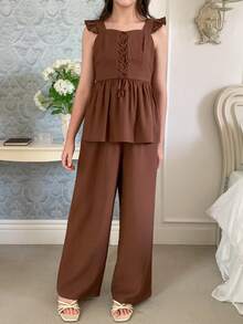 DAZY Tween Girl Solid Color Ruffle Hem Blouse And Pants Set - Brown - View 3