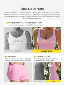 GLOWMODE FeatherFit™-Air 双倍速柔软弹力吸汗褶裥迷你裙，内置短裤侧袋，防滑设计，收腹提臀，露背连体衣，适合低冲击网球、高尔夫、匹克球等运动，日常休闲穿着。 - 粉色 - 查看 2