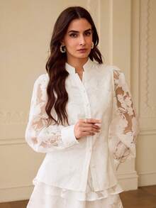 ZEYLAH Áo kiểu nữ tay dài màu trơn, chất liệu ren, thanh lịch và thoải mái. - Màu be - Xem 4