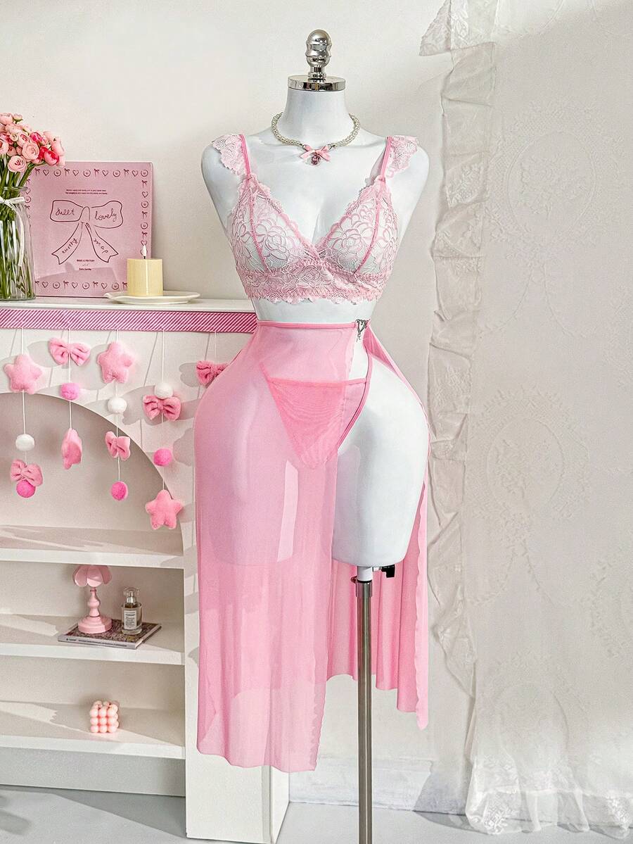 PetitDoll 三件套：蕾丝短袖上衣、性感侧开衩半裙、女士内衣套装 - 粉色 - 查看 1