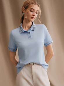 Anewsta 春夏新款休闲假日针织短袖镶钻 Polo 衫，百搭显瘦优雅女式衬衫 - 藍色 - 查看 4