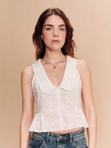 lacRébo Blusa sin mangas con pliegues y bordado floral, adecuada para citas y salidas - Blanco - Ver 3