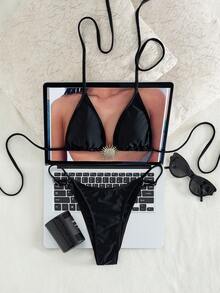Swim SXY Summer Vacation Sexy Solid Color Metal Accessory Halter Backless Drawstring Triangle Cup Bikini Set - Black - View 2