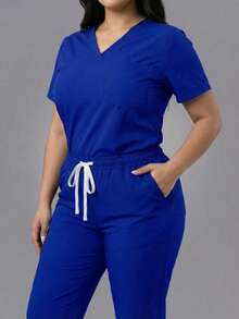 Set Surgical Uniform Set 2 Pieces Lady Woman Sleeve Short Neck V Pants Jogger Spring Comfy Drawstring - Blue - View 3