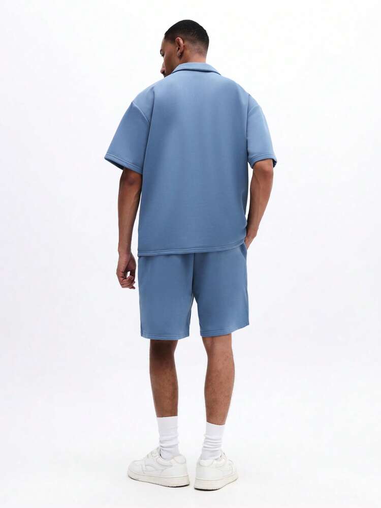 Men Relaxed Fit Polo Shirt And Matching Shorts Coordinated Set With Quarter Zip Closure And Chest Pocket Detail