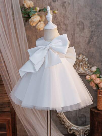 Glamorique Kids Baby Girls' White Satin & Mesh Sleeveless Dress With Bow Decor, Elegant Infant Birthday Party Wedding Flower Girl Dress With Full Skirt