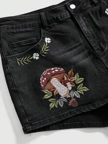Fairycore Quần short denim cỡ lớn thêu hình nấm đen. - màu đen - Xem 3