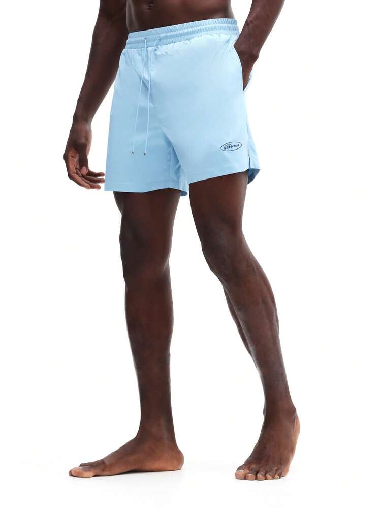 Men's Light Blue Swim Trunks With Drawstring Waist And Side Pockets Beach Summer Vacation Swimming Shorts