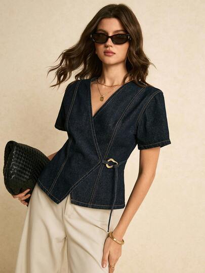 Poéselle Women's Navy Blue Denim Wrap-Style Short-Sleeved Top With Metallic Embellishments,V-Neck Fitted Elegant Blouses For Summer,Casual Brunch Party Tops