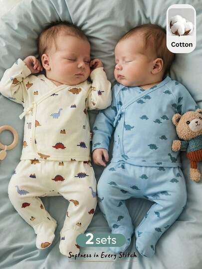 Cozy Pixies Newborn Baby Girl/Boy 4pcs Set: Cartoon Dinosaur Pattern Knit Soft Round Neck Raglan Sleeve Pullover Top And Elastic Waist Footed Pants Baby Boy Footed Pajamas Newborn Baby Twin Clothes Baby Boy Kimono Pajamas Newborn Baby Boy Sleepers Baby Sleepers Footed Pajamas For Baby