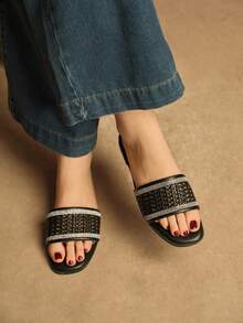 Rosivie Women's Rhinestone Hollow Strap Casual Comfortable Flat Sandals, Square Toe Design For Commuting - Black - View 4