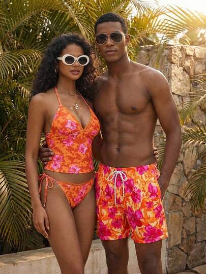 Manfinity Swimmode 男士沙滩度假印花抽绳泳裤 男士配套泳裤 男士泳裤 男士沙滩装 男士泳裤短裤 男士夏威夷风泳裤