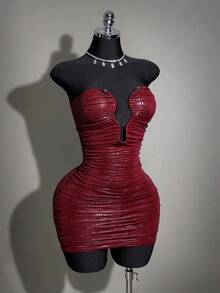 SHEIN ICON 女士修身连衣裙，镂空领口，金属装饰 - 酒紅色 - 查看 5