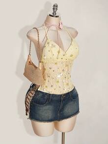 SHEIN ICON 2026新款女士度假休闲蕾丝亮片装饰露背吊带上衣，夏季可爱女士上衣，夏季束身胸衣，带肩带束身衣，女士上衣 - 淡黃色 - 查看 9