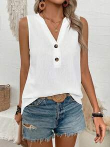 EMERY ROSE 女士纯色纽扣设计休闲宽松背心 - 白色 - 查看 4