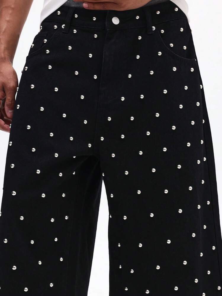 Herren schwarze Jeans-Shorts mit Nieten, weite Passform, Metalldekoration, Sommer Festival Casual Jorts