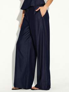 KSTM Women's Denim Effect Pocket Straight Leg Loose Casual Pants - Navy Blue - View 4