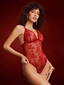 EmpressEnvy Mono de mujer con camisola de encaje floral - Rojo - Ver 4