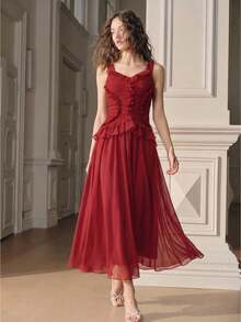 Anewsta Women's Elegant Vacation Dress, Sleeveless Pleated Frill Trim Waist Fit And Flare Red Dress French Style Dress Red Ruffle Dress - Red - View 5