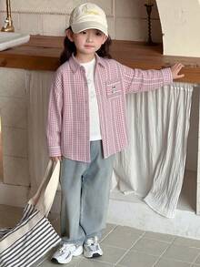 Dazy Kids Áo sơ mi dài tay cổ kẻ caro in hình hoạt hình dành cho bé gái, kiểu dáng thường ngày, đa năng, thích hợp mặc hàng ngày. - Hồng - Xem 4