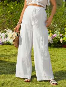 SHEIN 孕妇直筒裤，前片饰有流苏蝴蝶结和花卉蕾丝图案 - 白色 - 查看 5