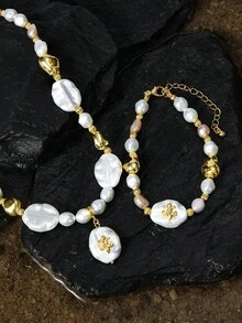 Opalesca A European And American Fashion Baroque Natural Special-Shaped Freshwater Pearl Bracelet Necklace Female French Retro Sense Personalized Fashion Collarbone Chain Bracelet Necklace - Multicolor - View 2