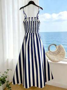 Franclia Women's New Spaghetti Strap Spaghetti Strap Striped Waist Flared Midi Dress - Blue and White - View 2