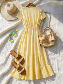 Louniche 女士休闲百搭棉麻V领收腰褶裥下摆连衣裙 - 黃色 - 查看 2