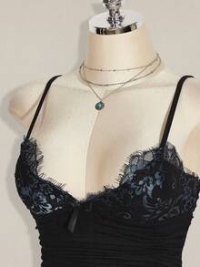 SHEIN ICON Contrast Lace Ruched Y2k Cami Top - Black - View 6