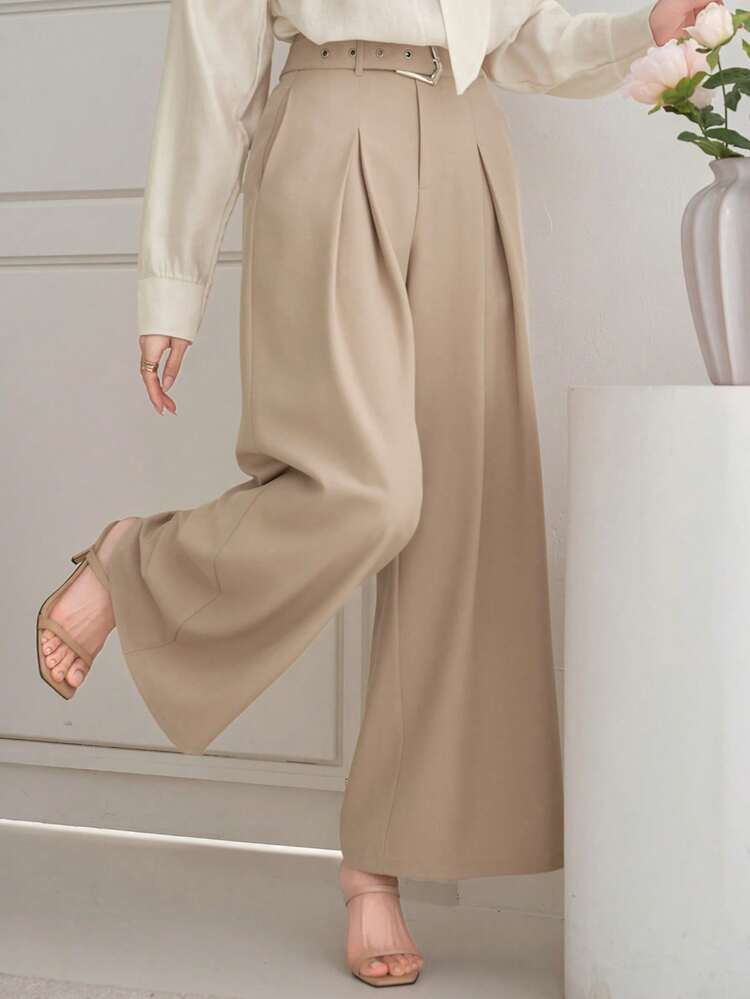 Women's Casual Solid Color Belted Wide Leg Pants, Spring/Summer